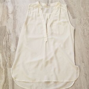Ivory sheer Long tank with v neck buttons
